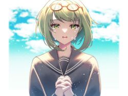 Rule 34 | 1girl, absurdres, crying, crying with eyes open, eyewear on head, glasses, green eyes, green hair, gumi, highres, long sleeves, looking at viewer, open mouth, orange-framed eyewear, own hands clasped, own hands together, round eyewear, school uniform, serafuku, short hair, sky, solo, straight-on, tears, tsumurimai, upper body, vocaloid, yowamushi mont-blanc (vocaloid)