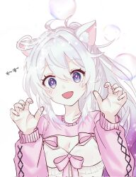 Rule 34 | 1girl, :d, animal ear fluff, animal ears, blush, bow, breasts, character request, claw pose, cleavage, commentary request, gradient hair, grey hair, hair between eyes, hands up, highres, honkai (series), honkai impact 3rd, kiana kaslana, kiana kaslana (herrscher of finality), korean text, kyupya242964, long hair, long sleeves, looking at viewer, multicolored hair, nail polish, open mouth, pink bow, pink nails, ponytail, puffy long sleeves, puffy sleeves, purple eyes, purple hair, shrug (clothing), simple background, small breasts, smile, solo, very long hair, white background