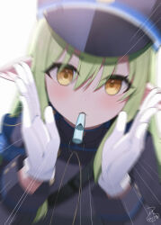 Rule 34 | 1girl, black hat, blue archive, blurry, commentary request, gloves, green hair, hair between eyes, hat, hikari (blue archive), highres, long hair, looking at viewer, nishi yasuaki, pointy ears, simple background, solo, uniform, upper body, whistle, white background, white gloves, yellow eyes