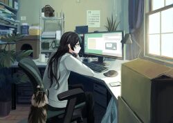 Rule 34 | 1girl, azuazu 0405, brown eyes, calendar (object), cat, cellphone, chair, computer, desk lamp, headphones, headphones around neck, highres, indoors, keyboard (computer), lamp, long hair, long sleeves, monitor, mousepad (object), office chair, original, phone, plant, potted plant, smartphone, solo, sweater, swivel chair, white sweater, window