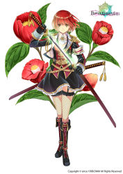 Rule 34 | 1girl, armband, ascot, belt, black gloves, black skirt, black thighhighs, boots, camellia, city forest online, copyright name, cross-laced footwear, epaulettes, fishnet thighhighs, fishnets, floral background, flower, flower knight girl, frilled thighhighs, frills, full body, garter straps, glint, gloves, glowing, glowing sword, glowing weapon, katana, knee boots, lace-up boots, legs together, long sleeves, looking at viewer, name connection, object namesake, official art, red hair, sheath, short hair, skirt, sleeves rolled up, smile, solo, standing, sword, tassel, thighhighs, thighhighs under boots, tsubaki (flower knight girl), unsheathing, weapon, white background, yellow eyes