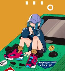 Rule 34 | 1girl, bandaid, bandaid on cheek, bandaid on face, baseball cap, between legs, black eyes, black shorts, closed mouth, clover, commentary, four-leaf clover, full body, game boy, grey hair, grey sweater, hand between legs, hand up, handheld game console, hat, highres, knees up, long sleeves, looking at viewer, nao97122, original, pink footwear, ponytail, reebok, reebok pump, shoes, shorts, sidelocks, simple background, sitting, sneakers, socks, solo, sticker, streetwear, sweater, symbol-only commentary, triple vertical stripe, white hat, yellow background, yellow socks