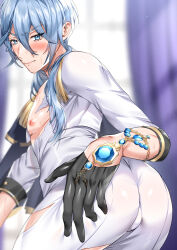 Rule 34 | 1boy, ass, ass focus, ass grab, blue eyes, blue hair, blush, bodysuit, bulge, deep skin, edmond (nu carnival), embarrassed, from behind, gloves, huge ass, leaning, leaning forward, long hair, looking at viewer, male focus, marao, nu carnival, skin tight, solo