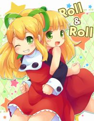 Rule 34 | 2girls, ;d, argyle, argyle background, argyle clothes, back-to-back, bare arms, bare shoulders, blonde hair, blunt bangs, blush stickers, character name, clenched hands, cowboy shot, dress, dual persona, flat chest, frilled dress, frills, green background, green eyes, green ribbon, hair ribbon, locked arms, long hair, long sleeves, looking at viewer, mega man (classic), mega man (series), mizuno mumomo, multiple girls, one eye closed, open mouth, ponytail, red dress, ribbon, roll (mega man), sidelocks, sleeveless, sleeveless dress, smile, star (symbol), teeth