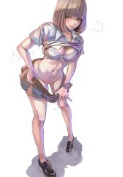 Rule 34 | 10s, 1girl, blush, bra, breasts, brown eyes, brown hair, clothes lift, clothes pull, highres, koh (minagi kou), lace, lace-trimmed bra, lace trim, md5 mismatch, medium breasts, midorikawa hana, navel, no panties, prison school, resolution mismatch, revision, shirt lift, short sleeves, skirt, skirt pull, solo, source larger, sweat, underwear, undressing, watch, white bra, wristwatch