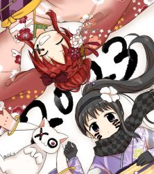 Rule 34 | 2023, 2girls, akemi homura, akemi homura (haregi ver.), argyle, argyle clothes, argyle scarf, black gloves, black hair, black hairband, black scarf, blush, braid, brown ribbon, closed eyes, closed mouth, crown braid, egasumi, facial mark, floral print, flower, furisode, gloves, grin, hair bun, hair flower, hair ornament, hair ribbon, hair stick, hairband, han&#039;eri, hand on own stomach, hand up, japanese clothes, kanzashi, kikumon, kimono, kyubey, long hair, long sleeves, looking at viewer, lying, magia record: mahou shoujo madoka magica gaiden, mahou shoujo madoka magica, multiple girls, no nose, obi, obiage, obidome, obijime, official alternate costume, on ground, outstretched arms, parted bangs, plum blossoms, ponytail, purple eyes, purple kimono, purple sash, red flower, red kimono, ribbon, rioran, sakura kyoko, sakura kyoko (haregi costume), sash, scarf, shippou (pattern), single sidelock, smile, spread arms, striped sash, tassel, twitter username, upper body, v-shaped eyebrows, very long hair, whisker markings, white background, white flower, yagasuri, yellow flower, yellow sash