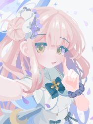 Rule 34 | 1girl, :d, arm up, black scrunchie, blue archive, blue bow, blue bowtie, blush, bow, bowtie, capelet, collared dress, commentary request, dress, falling petals, flower, hair between eyes, hair bun, hair flower, hair ornament, halo, hand up, heart, highres, index finger raised, long hair, looking at viewer, mika (blue archive), open mouth, outstretched arm, petals, pink hair, purple flower, scrunchie, selfie, shirota (petapeta84), sidelocks, simple background, single side bun, sleeveless, sleeveless dress, smile, solo, sparkle, teeth, upper body, white background, white capelet, white dress, wrist scrunchie, yellow eyes