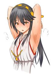 Rule 34 | 10s, 1girl, alpha (katz332), armpits, arms behind head, bad id, bad pixiv id, black hair, breasts, brown eyes, haruna (kancolle), headgear, highres, kantai collection, large breasts, long hair, looking at viewer, nontraditional miko, open mouth, pleated skirt, see-through, sideboob, simple background, skirt, solo, steam, sweat, upper body, wet, wet clothes, white background