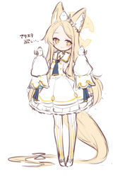 Rule 34 | 1girl, absurdly long hair, absurdres, animal ears, armpit crease, bird, blonde hair, blue archive, blue necktie, blue ribbon, blush, bow, bright pupils, buttons, closed mouth, cross halo, detached sleeves, dress, flower, fox ears, full body, gradient eyes, hair bow, hair flower, hair ornament, halo, hands up, highres, long hair, long sleeves, looking to the side, multicolored eyes, necktie, pantyhose, parted bangs, petticoat, pink eyes, puffy detached sleeves, puffy sleeves, raised eyebrows, ribbon, seia (blue archive), short necktie, sidelocks, simple background, sleeve bow, sleeveless, sleeveless dress, sleeves past fingers, sleeves past wrists, smile, solo, sonn er, standing, striped clothes, striped pantyhose, turtleneck, turtleneck dress, vertical-striped clothes, vertical-striped pantyhose, very long hair, white background, white bird, white bow, white dress, white flower, white footwear, white pantyhose, white pupils, white sleeves, wide sleeves, wrist ribbon, yellow bow, yellow eyes, yellow halo