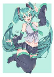 Rule 34 | 1girl, arm up, bare shoulders, black footwear, black legwear, black skirt, blush, boots, border, collarbone, commentary, dated, green background, green eyes, green hair, green necktie, hair between eyes, hatsune miku, highres, kuma (jk0073), long hair, musical note, navel, necktie, open mouth, shiny skin, short eyebrows, signature, skirt, smile, solo, star (symbol), teeth, tongue, twintails, upper teeth only, very long hair, vocaloid, white border