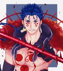 Rule 34 | 1boy, beads, blue hair, bodypaint, claws, closed mouth, cu chulainn (fate), cu chulainn (fate) (all), cu chulainn (fate/stay night), cu chulainn alter (fate), cu chulainn alter (fate/grand order), dark blue hair, dark persona, detached hood, earrings, elbow gloves, facepaint, fate/grand order, fate (series), floating hair, gae bolg (fate), gloves, grin, hair beads, hair ornament, highres, hood, hood down, jewelry, lancer, long hair, looking at viewer, male focus, meisei (akaramu 3305min), muscular, muscular male, nipples, pectorals, ponytail, red eyes, sharp teeth, slit pupils, smile, solo, spiked hair, spikes, teeth, topless male