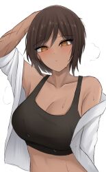 Rule 34 | 1girl, arm up, black bra, bra, breasts, brown eyes, brown hair, cleavage, cowboy shot, dark skin, dress shirt, expressionless, hand on own head, highres, light brown hair, limbus company, looking at viewer, medium hair, namikare, off shoulder, open clothes, outis (project moon), project moon, scar, shirt, solo, sports bra, sweat, underwear, white background, white shirt