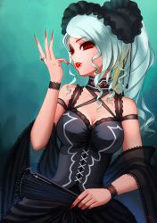 Rule 34 | 1girl, absurdres, blood, bonnet, darkmuleth, drill hair, fang, fingernails, gothic lolita, gradient background, hand fan, highres, jewelry, lace, lipstick, lolita fashion, long fingernails, makeup, nail polish, overlord (maruyama), parted lips, ponytail, red eyes, ring, shalltear bloodfallen, silver hair, solo, vampire