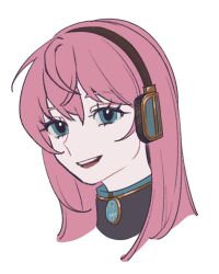 Rule 34 | 1girl, amulet, blue eyes, headphones, kappa-bushi-16, long hair, looking at viewer, open mouth, pink hair, simple background, smile, solo, teeth, upper teeth only, vocaloid, white background