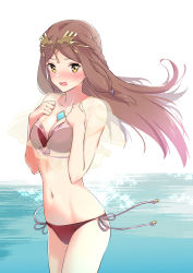 Rule 34 | 1girl, beach, bikini, blush, braid, breasts, circlet, cleavage, collarbone, cowboy shot, embarrassed, fan la norne, gem, hands on own chest, long hair, looking at viewer, medium breasts, misu kasumi, navel, nintendo, nose blush, open mouth, parted bangs, purple ribbon, red bikini, red hair, ribbon, ribbon-trimmed bikini, side-tie bikini bottom, sidelocks, solo, sparkle, stomach, swimsuit, water, xenoblade chronicles (series), xenoblade chronicles 2, xenoblade chronicles 2: torna - the golden country, yellow eyes