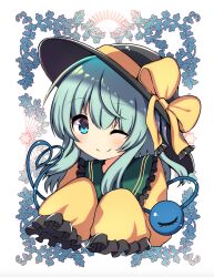 Rule 34 | 1girl, ;), black hat, blouse, blush, bow, closed mouth, commentary request, cropped torso, frilled shirt collar, frilled sleeves, frills, green eyes, green hair, hat, hat bow, komeiji koishi, looking at viewer, medium hair, no nose, one eye closed, partial commentary, rpameri, shirt, sidelocks, sleeves past fingers, sleeves past wrists, smile, solo, split mouth, third eye, touhou, yellow bow, yellow shirt