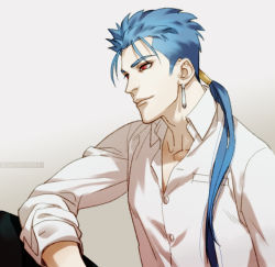 Rule 34 | 1boy, artist name, beads, bifanghuanshi, blue hair, buttons, closed mouth, collared shirt, cu chulainn (fate), dated, earrings, fate/stay night, fate (series), hair beads, hair ornament, jewelry, cu chulainn (fate/stay night), long hair, male focus, ponytail, red eyes, shirt, simple background, sleeves rolled up, smile, solo, spiked hair, type-moon, white background