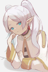 Rule 34 | 1girl, aqua eyes, capelet, closed mouth, commentary, earrings, elf, expressionless, frieren, head rest, highres, hinataku1222, jewelry, long sleeves, looking at viewer, medium hair, parted bangs, pointy ears, shirt, simple background, solo, sousou no frieren, striped clothes, striped shirt, teardrop earrings, thick eyebrows, twintails, upper body, white background, white capelet, white hair, white shirt
