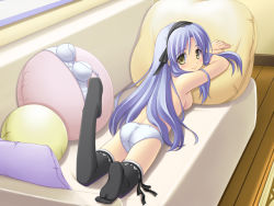 Rule 34 | 1girl, ass, atsushima you, black thighhighs, blue hair, feet, hairband, long hair, looking back, lying, on stomach, original, panties, socks, solo, thighhighs, topless, underwear, underwear only, very long hair, white panties, yellow eyes