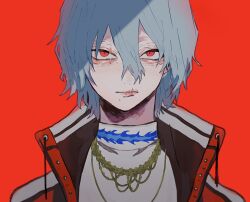 Rule 34 | 1boy, ametaro (ixxxzu), boku no hero academia, flame print, grey hair, jacket, jewelry, looking at viewer, male focus, necklace, red background, red eyes, red jacket, scar, scar on face, shigaraki tomura, short hair, simple background, solo, wrinkled skin