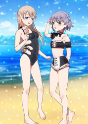 Rule 34 | 2girls, alternate costume, beach, bikini, blue eyes, blush, breasts, covered navel, eila ilmatar juutilainen, enmaided, food, full body, green eyes, grey hair, highres, ice cream, long hair, looking at viewer, maid, maid bikini, multiple girls, ocean, open mouth, outdoors, sanya v. litvyak, sayama (chiwan0830), short hair, small breasts, smile, standing, strike witches, swimsuit, unconventional maid, white hair, world witches series