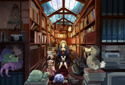 Rule 34 | 1girl, anomalocaris, armchair, arms behind back, bird, birdcage, black hair, black skirt, blue eyes, book, book stack, bookmark, bookshelf, bottle, cage, camera, chair, checkered floor, computer, dinosaur, dodo (bird), earth (planet), english text, flower, full moon, game console, globe, hairband, hands on lap, indoors, ivy, jar, kanipanda, library, long hair, long sleeves, looking at viewer, milky way, monitor, moon, neckerchief, night, night sky, no shoes, original, pc-98 (computer), planet, plate, pleated skirt, school uniform, seashell, sega, sega dreamcast, serafuku, shell, sitting, skirt, skull, sky, solo, space shuttle, spacecraft, star (sky), starry sky, stuffed animal, stuffed toy, table, tell your world (vocaloid), turtle, typewriter, v arms, very long hair, vocaloid, window, wing collar
