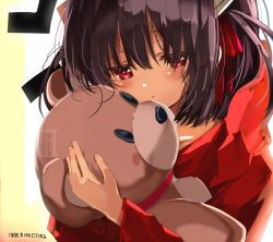 Rule 34 | 10s, 1girl, anchor (clockwork planet), black hair, blush, clockwork planet, hugging doll, hair ribbon, hood, hood down, hoodie, looking at viewer, hugging object, parted lips, red eyes, red ribbon, ribbon, shino (eefy), solo, stuffed animal, stuffed toy, teddy bear, triangle mouth, upper body