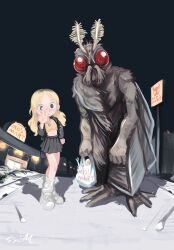 Rule 34 | 1girl, absurdres, antennae, black skirt, blonde hair, character request, copyright request, earrings, english text, full body, highres, jacket, jewelry, lalah 7th, looking at viewer, miniskirt, monster, mothman, necklace, night, open clothes, open jacket, original, outdoors, red eyes, skirt, star (symbol), star earrings, v, wings