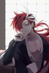 Rule 34 | 0nodera, 1boy, abs, black hair, closed mouth, commentary request, earrings, eyebrow cut, fate/grand order, fate (series), japanese clothes, jewelry, long hair, long sleeves, looking at viewer, male focus, multicolored hair, pectorals, ponytail, red eyes, red hair, smile, solo, streaked hair, takasugi shinsaku (fate), toned, toned male, twitter username, upper body, white hair
