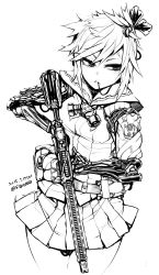 Rule 34 | 1girl, assault rifle, dated, greyscale, gun, highres, magazine (weapon), mask, mechanical arms, monochrome, original, pleated skirt, rifle, short hair, sigama, skirt, solo, twitter username, weapon