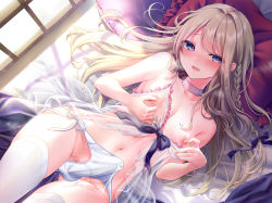 Rule 34 | 1boy, babydoll, bed, blonde hair, blue eyes, blush, bulge, camisole, censored, covered erect nipples, covered testicles, cum, cum in clothes, cum on clothes, cum string, cum through clothes, cumdrip, erection, erection under clothes, hand on own chest, heavy breathing, highres, lingerie, lying, male focus, mosaic censoring, naughty face, nipple stimulation, nipple tweak, nipples, on back, panties, penis, pillow, pontaro18, see-through, see-through silhouette, side-tie panties, solo, testicles, thighhighs, trap, tweaking own nipple, underwear
