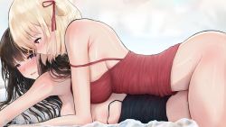 Rule 34 | 2girls, bare shoulders, bed sheet, black camisole, black hair, blonde hair, blush, bottomless, breasts, camisole, closed mouth, hair ribbon, inoue takina, kitsune-neko, large breasts, long hair, looking at another, lycoris recoil, lying, medium breasts, multiple girls, nishikigi chisato, on person, on stomach, parted lips, pillow, pixiv username, purple eyes, red camisole, red eyes, red ribbon, ribbon, smile, spaghetti strap, strap slip, sweat, thighs, wet, wet hair, yuri
