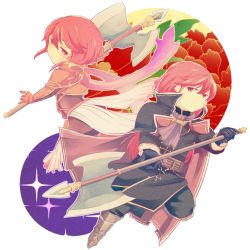 Rule 34 | 1boy, 1girl, armor, axe, brother and sister, cape, chibi, fire emblem, fire emblem: mystery of the emblem, gloves, long hair, minerva (fire emblem), misheil (fire emblem), nintendo, nishimura (shinchinagachi), red eyes, red hair, short hair, siblings, weapon