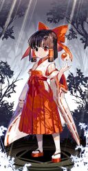 Rule 34 | 1girl, black hair, bow, branch, closed mouth, detached sleeves, full body, gohei, hair bow, hair tubes, hakama, hakama skirt, hakurei reimu, heterochromia, highres, holding, japanese clothes, looking at viewer, miko, orb, outdoors, red bow, red eyes, red footwear, ribbon-trimmed sleeves, ribbon trim, shirt, short hair, sidelocks, skirt, socks, solo, standing, touhou, white shirt, white socks, wide sleeves, yin yang, yin yang orb, zounose