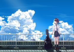 Rule 34 | 1girl, against railing, ahoge, aiko (aiko 54), bad id, bad pixiv id, black socks, blue necktie, blue sky, breast pocket, brown footwear, brown hair, city, closed mouth, cloud, cloudy sky, day, guitar case, highres, instrument case, kneehighs, loafers, looking afar, looking to the side, necktie, original, outdoors, plaid, plaid skirt, pleated skirt, pocket, railing, scenery, school uniform, shoes, skirt, sky, sleeves rolled up, smile, socks, solo, standing, striped necktie, striped neckwear, sunlight