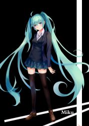 Rule 34 | 1girl, absurdres, ahoge, aqua eyes, aqua hair, artist name, black background, black thighhighs, blush, breasts, brown footwear, closed mouth, dated, diagonal stripes, eyebrows, eyelashes, female focus, full body, hatsune miku, highres, jacket, legs apart, loafers, long hair, long twintails, looking at viewer, miniskirt, necktie, pleated skirt, school uniform, shinkai shoujo (vocaloid), shoes, simple background, skindentation, skirt, small breasts, solo, standing, striped, suit jacket, thighhighs, thighs, twintails, two side up, very long hair, vocaloid, yue (9081220), zettai ryouiki