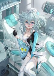 Rule 34 | 1girl, bed, between legs, black gloves, blue eyes, blue hair, blush, breasts, cleavage, commentary request, feet out of frame, florence (neural cloud), girls&#039; frontline, girls&#039; frontline neural cloud, gloves, hand between legs, hat, heart, heart-shaped pupils, highres, holding, holding syringe, hospital, hospital bed, kd (kdh45689), large breasts, long hair, looking at viewer, messy hair, nurse cap, open mouth, pa-15 (girls&#039; frontline), smile, solo, symbol-shaped pupils, syringe, thighhighs, white thighhighs