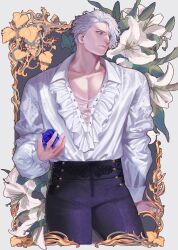 Rule 34 | 1boy, absurdres, bara, black pants, blue eyes, closed mouth, collared shirt, floral background, flower, highres, holding, holding flower, large pectorals, leon s. kennedy, male focus, muscular, muscular male, official alternate costume, on (isk1812), pants, pectorals, purple flower, purple rose, resident evil, resident evil 4, resident evil 4 (remake), rose, shirt, short hair, solo, white flower, white hair, white shirt