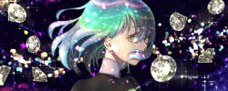Rule 34 | 1other, androgynous, colored eyelashes, covered mouth, crystal hair, diamond (gemstone), diamond (houseki no kuni), gem, highres, houseki no kuni, looking at viewer, looking back, multicolored hair, rainbow hair, short hair, solo, sparkle, yellow eyes