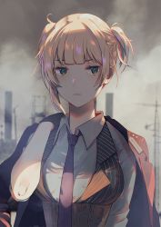 Rule 34 | 1girl, bad id, bad pixiv id, black gloves, black necktie, blonde hair, blush, braid, breasts, cityscape, closed mouth, cloud, cloudy sky, collared shirt, corset, day, expressionless, french braid, girls&#039; frontline, gloves, green eyes, half gloves, hand on own shoulder, jacket, jacket on shoulders, looking at viewer, medium breasts, necktie, outdoors, pinstripe pattern, pinstripe vest, ruins, shinobu (kobanatu), shirt, short hair, sidelocks, sky, sleeves rolled up, solo, striped clothes, striped vest, twintails, upper body, vest, welrod mkii (girls&#039; frontline), white shirt