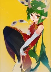 Rule 34 | 1girl, black pants, breasts, brown eyes, china dress, chinese clothes, d:, draco centauros, dress, elbow gloves, gloves, green hair, highres, horns, idkuroi, looking at viewer, madou monogatari, medium breasts, open mouth, pants, pointy ears, puyopuyo, red dress, simple background, slime (creature), solo, tail, tears, white gloves, yellow background