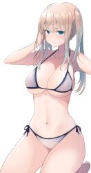 Rule 34 | 1girl, absurdres, bare arms, bare legs, bare shoulders, barefoot, bikini, blonde hair, blue eyes, breasts, cleavage, collarbone, dyson (edaokunnsaikouya), graf zeppelin (kancolle), hair between eyes, highres, kantai collection, large breasts, long hair, looking at viewer, navel, sidelocks, simple background, solo, swimsuit, twintails, white background, white bikini