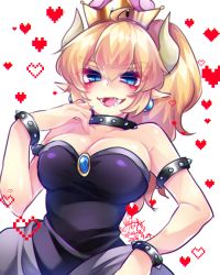 Rule 34 | 1girl, armlet, bare shoulders, black dress, blonde hair, blue eyes, blush, borrowed design, bowsette, bracelet, breasts, cleavage, collar, crown, dated, dress, earrings, fangs, gem, hair between eyes, hand up, heart, highres, horns, jewelry, kashiwagi minato, large breasts, looking at viewer, mario (series), new super mario bros. u deluxe, nintendo, pointy ears, signature, smile, spiked armlet, spiked bracelet, spiked collar, spikes, standing, super crown, teeth, upper body, white background