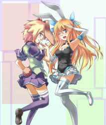 Rule 34 | 2girls, ;d, aizawa hikaru, animal ears, armpits, bare shoulders, blonde hair, blue eyes, blush, boots, breasts, bridal gauntlets, c sharp, cleavage, frills, green eyes, hair ornament, holding hands, long hair, looking at viewer, multiple girls, one eye closed, open mouth, original, os-tan, personification, rabbit ears, renka (renkas), salute, short hair, short sleeves, silverlight, simple background, skirt, smile, striped clothes, striped legwear, striped thighhighs, teeth, thighhighs, wink, zettai ryouiki