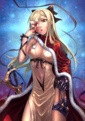 Rule 34 | 1girl, bare shoulders, black bow, blonde hair, blood, blood on face, bow, breasts, brown eyes, cape, christmas, cleavage, contrapposto, drag-on dragoon, drag-on dragoon 3, dress, flower, flower eyepatch, flower over eye, gauntlets, hair bow, hair ornament, hair over one eye, highres, long hair, navel, pink eyes, ribbon, santa costume, side cape, solo, standing, sword, tatsuya (atelier road), tongue, tongue out, weapon, white dress, white hair, zero (drag-on dragoon)