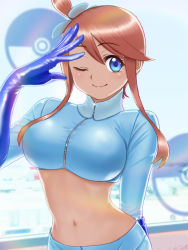 Rule 34 | 1girl, ;d, arm behind back, arm up, belly, blue eyes, blue gloves, blue jacket, blue shorts, blush, breasts, brown hair, closed mouth, commentary request, cowboy shot, creatures (company), crop top, cropped jacket, elbow gloves, eyebrows, eyelashes, game freak, gloves, gym leader, hadairo rainbow, hair between eyes, hair ornament, highres, jacket, large breasts, long sleeves, looking at viewer, midriff, navel, nintendo, one eye closed, one side up, open mouth, poke ball symbol, pokemon, pokemon bw, shiny clothes, short hair with long locks, short shorts, shorts, sidelocks, skyla (pokemon), smile, solo, sparkle, standing, swept bangs, zipper