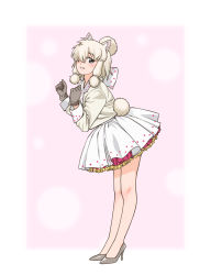 Rule 34 | 10s, 1girl, absurdres, adapted costume, alpaca ears, alpaca suri (kemono friends), alpaca tail, animal ears, blonde hair, commentary request, from side, full body, gloves, grey gloves, hair over one eye, high heels, highres, horizontal pupils, kemono friends, leaning forward, legs, long sleeves, looking at viewer, parted lips, petticoat, ponytail, short hair, skirt, smile, solo, suzushiro (suzushiro333), tail, white skirt