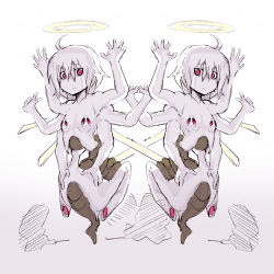 Rule 34 | 2girls, ahoge, armpits, collarbone, expressionless, extra arms, flat chest, full body, gradient background, grey background, hair between eyes, halo, looking at viewer, lowres, monster girl, multiple girls, original, red eyes, simple background, sonjow4, symmetry, white hair