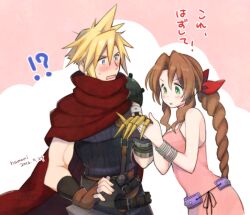 Rule 34 | !?, 1boy, 1girl, armor, artist name, bangle, bare shoulders, belt, blonde hair, blue shirt, blush, bracelet, braid, braided ponytail, breasts, brown gloves, brown hair, clawed gauntlets, cloak, cowboy shot, dated, dress, final fantasy, final fantasy vii, fingerless gloves, gloves, green eyes, hair between eyes, hair ribbon, holding hands, jewelry, kingdom hearts, krudears, long hair, looking at another, medium breasts, official alternate costume, open mouth, parted bangs, parted lips, pink background, pink dress, purple belt, red cloak, red ribbon, ribbon, shirt, short hair, shoulder armor, sidelocks, sleeveless, sleeveless dress, sleeveless turtleneck, square enix, sweatdrop, toned, toned male, turtleneck