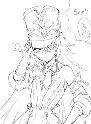 Rule 34 | 1girl, :o, ?, absurdres, adjusting clothes, adjusting headwear, bare shoulders, chevreuse (genshin impact), commentary, cream bread, detached sleeves, dress, earmuffs, earmuffs around neck, eyepatch, genshin impact, gloves, hand up, hat, highres, long hair, looking at viewer, mole, mole under mouth, monochrome, necktie, puffy sleeves, shako cap, solo, spoken question mark, strapless, strapless dress, upper body, very long hair, white background
